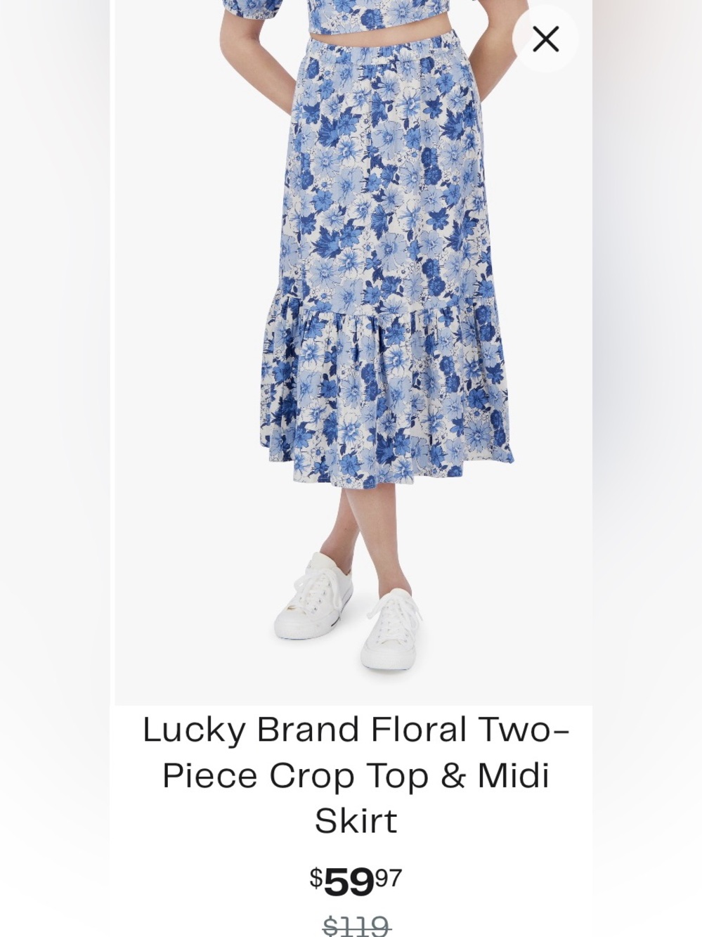 2 piece Linen blend Lucky Brand Blue Floral Puff-Sleeve top and skirt set (small